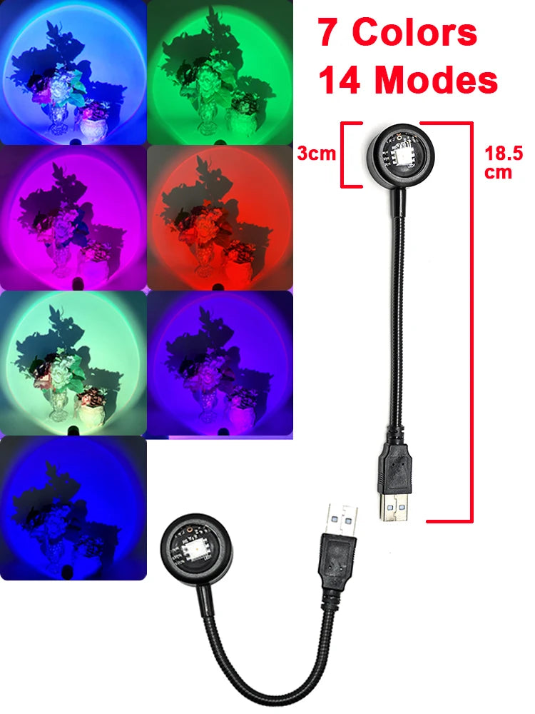 USB Sunset Lamp – Rainbow LED Night Light Projector for Bedroom & Home Decor